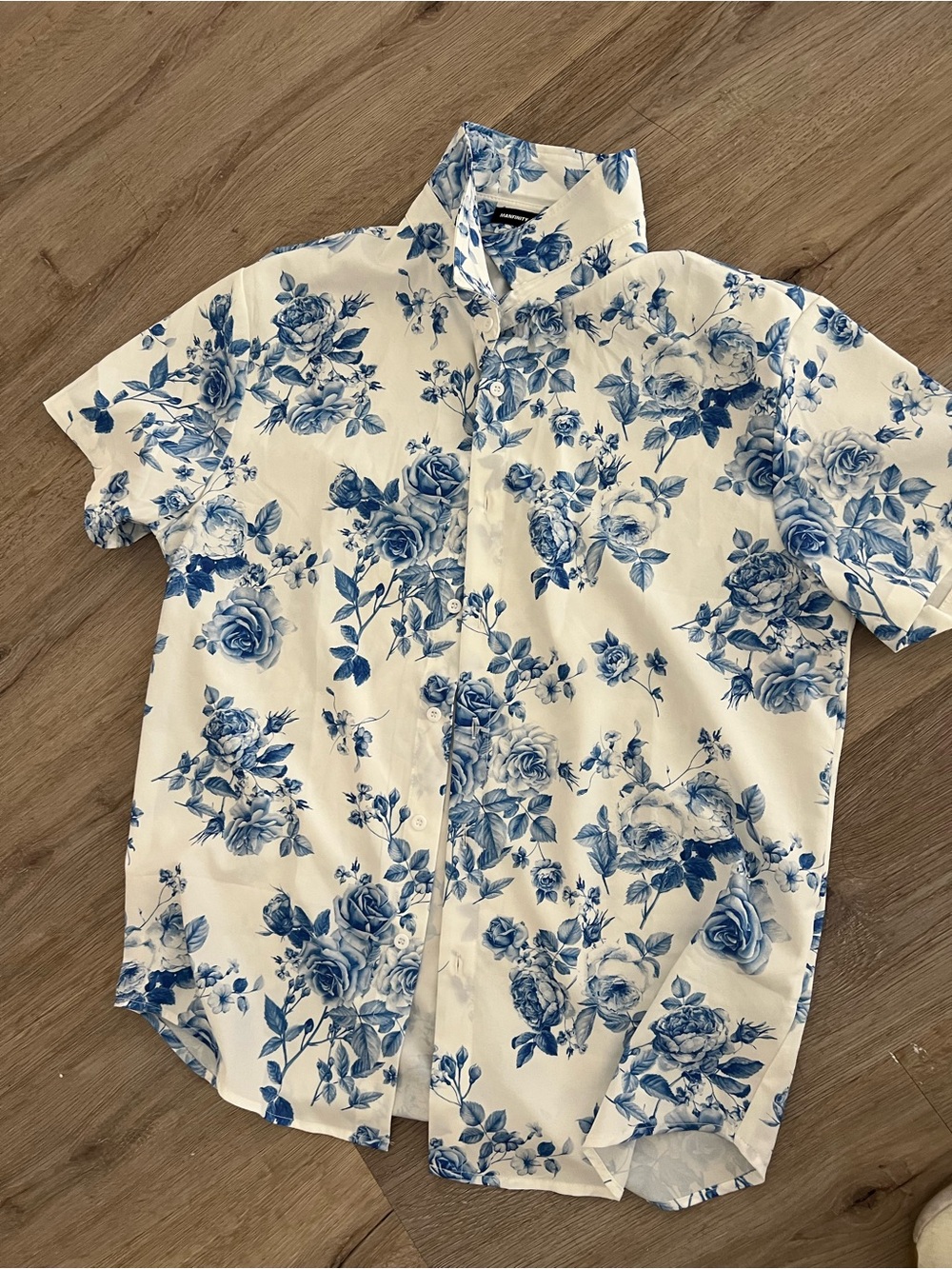 SHEIN White Short-Sleeve Button-Down with Blue Floral Print